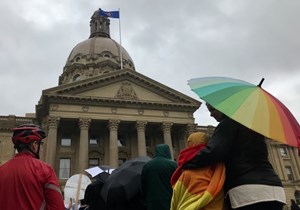 Hundreds rally at Alberta legislature to protest GSA changes