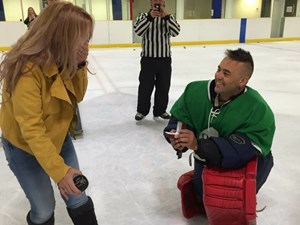 Goalie scores with centre-ice proposal at Edmonton beer league game